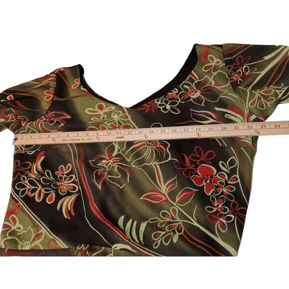 VINTAGE 90s Y2K Boho Blouse Top 14W Artsy Floral Green Brown‎ Orange V-Neck - Picture 8 of 11